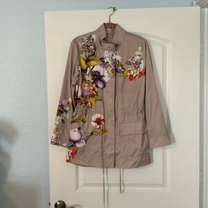 Flowers galore Chicos size one utility jacket, light brown/dark cream color